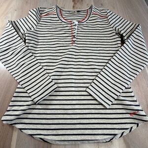 Kavu Black Striped Long Sleeve Top Shirt in Mushroom Harper Henley Cream Size L